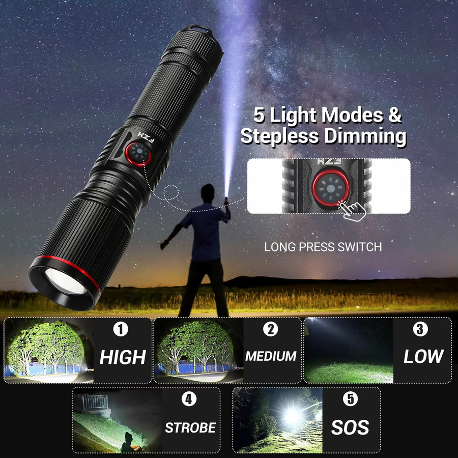 XIWANGFIRE LED-Taschenlampe aus Aluminiumlegierung in Schwarz mit 30 W, Zoom-Funktion und Betriebsanzeige für 18650 oder 21700 Akkus - Bild 3