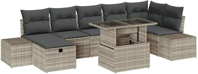 vidaXL Garten-Sofa-Set aus Polyrattan in Hellgrau, 8-teiliges L-Shape Lounge-Set mit Kissen, 3-Sitzer, Eckelement, Ottoman und Couchtisch - Bild 1