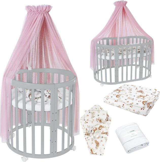 Waldin Babybett OWAL 7in1 Kinderbett aus Buchenholz mit Matratze, mitwachsendes Kinderbett, lackiert - Bild 1