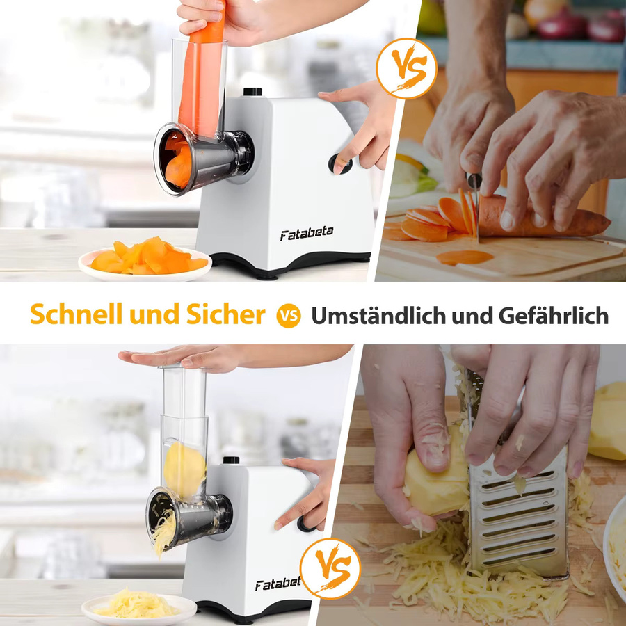 Fatabeta 5-in-1 Elektrischer Gemüseschneider in Weiß, 250W Küchenhelfer zum Hacken, Schneiden und Raspeln mit 4 Klingen für Zwiebeln, Karotten, Käse und Nüsse, BPA-frei - Bild 5