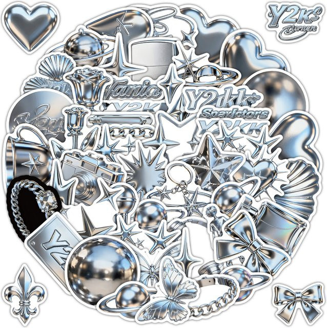 58 Stück Y2K 3D-Metallic-Aufkleber in Silber und Multicolour für dein Tagebuch und DIY-Bastelprojekte von AnimeWorlds Store - Bild 1