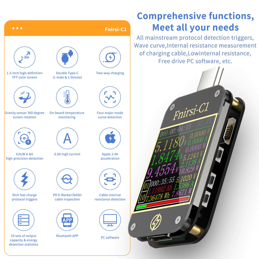 FNIRSI FNB58 USB-Tester mit Typ C Anschluss für Voltmeter, Amperemeter, Schnellladungserkennung und Kapazitätsmessung - Bild 5