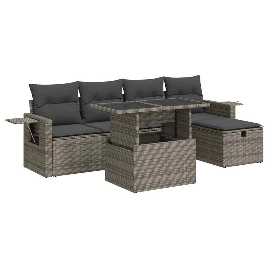vidaXL 6-tlg. Garten-Sofagarnitur in L-Form mit Kissen und Ottoman, Grau/Schwarz, Poly-Rattan und Metallgestell - Bild 2