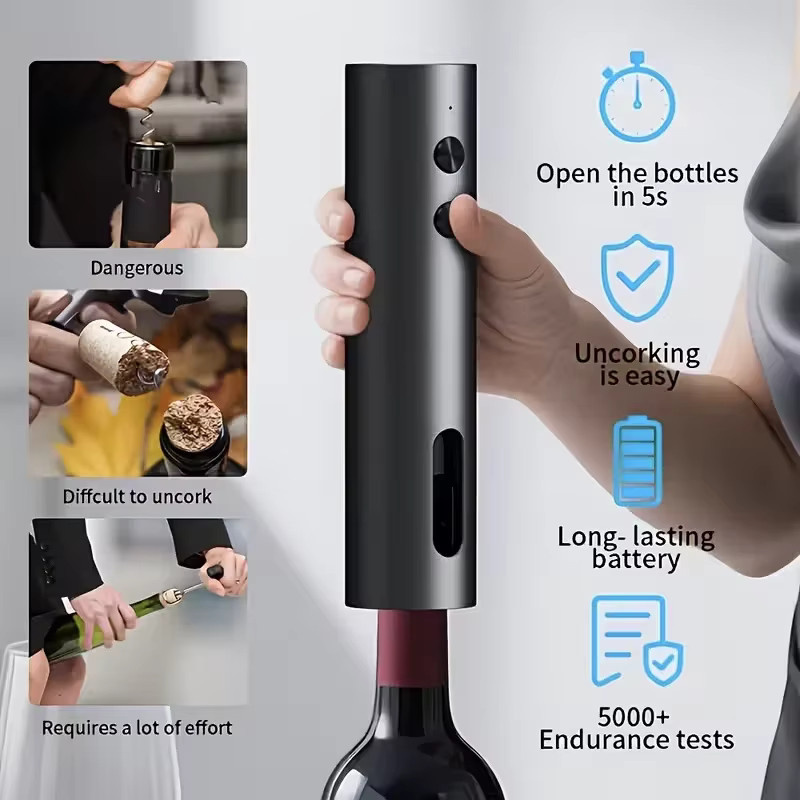 FLYMUYU Elektrischer Weinöffner Set in Schwarz mit Folienschneider, Weinausgießer und Vakuumstopfen, USB-C-Aufladung - Bild 4