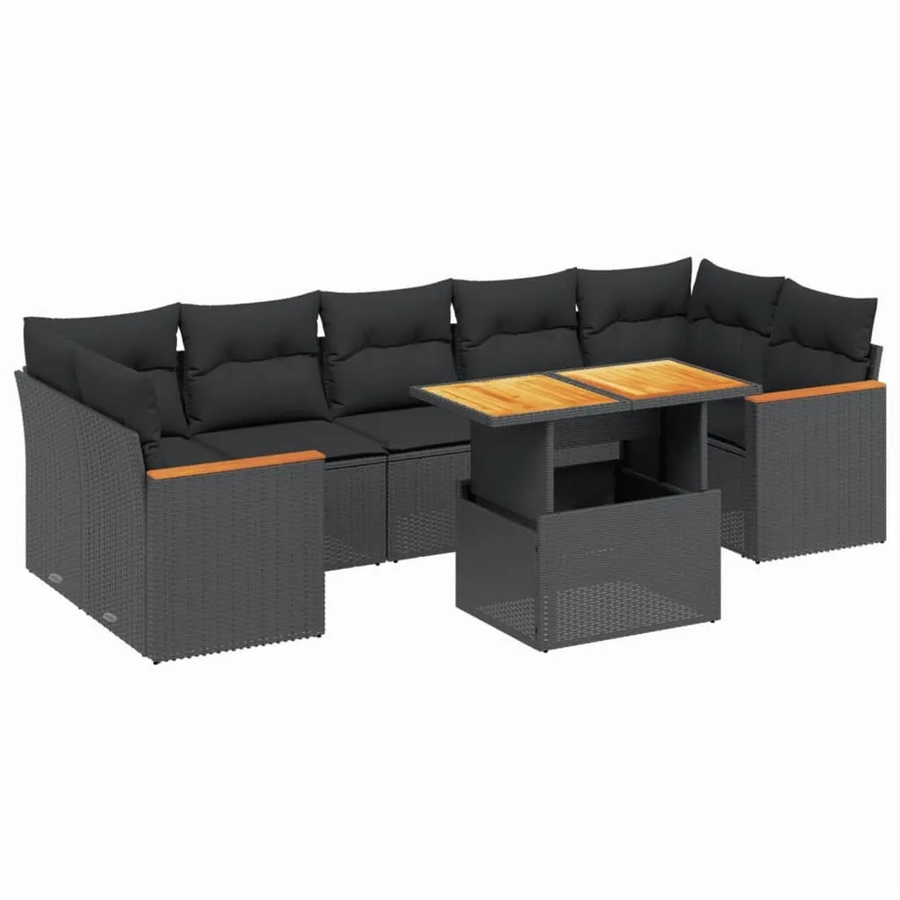 vidaXL 8-teilige Garten-Sofagarnitur in L-Form aus schwarzem Poly-Rattan mit Kissen und Akazienholz - Bild 2