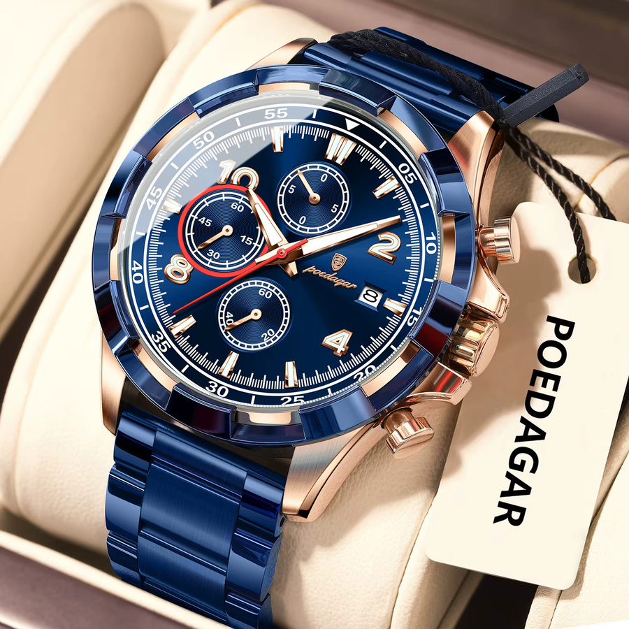 POEDAGAR Armbanduhr Chronograph, Quarz, Edelstahl, Blau, Herren - Bild 2