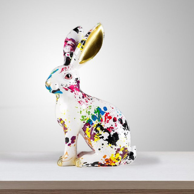 GUGUGUHOME Graffiti-Hasen-Statue aus Keramik in Multicolour, abstrakte Osterhasen-Skulptur zur Tischdekoration - Bild 1