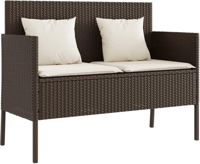vidaXL Gartenbank aus Polyrattan mit Kissen in Braun und Weiß, moderne Gartenbank mit Armlehnen aus Metall und Polyrattan - Bild 1