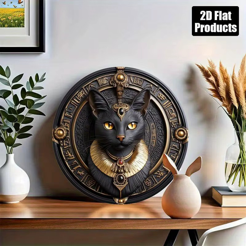 Potdemiel Retro-Wandkunstschild aus Aluminium mit Katzenmotiv in Schwarz und Gold, rund, Durchmesser: 20,32 cm - Bild 5
