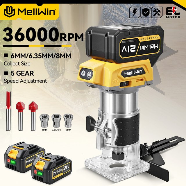 MELLWIN Bürstenloser Holzfräser mit 5 Geschwindigkeiten, kabelloser elektrischer Trimmer-Fräser für Holzbearbeitung, Gravur und Nutenfräsen, kompatibel mit Makita 18V Akku - Bild 1