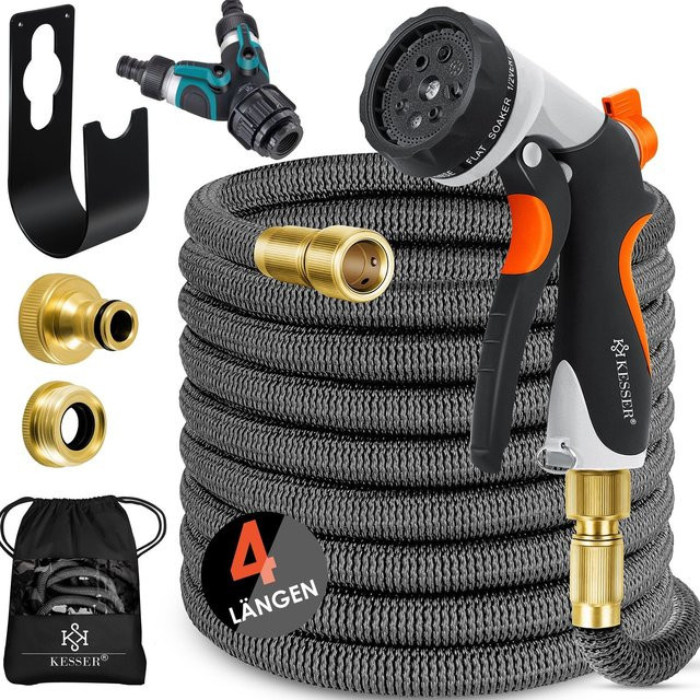 KESSER Premium Flexibler Gartenschlauch mit Spritzpistole in 8 Modi, Druckregler und Wandbefestigung aus Messing - Bild 1