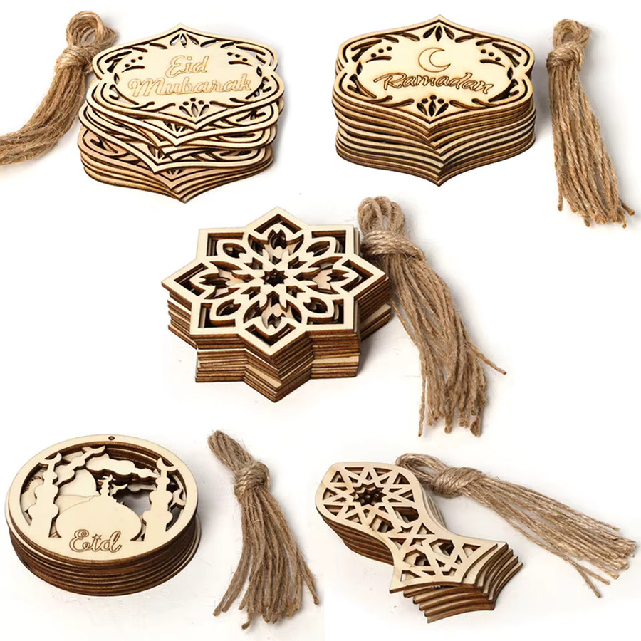 10 Stück Tissy Eid Mubarak Holz-Anhänger zur DIY-Gestaltung für Ramadan Kareem Dekorationen in Braun - Bild 1