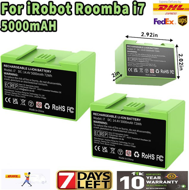 Bonadget Wiederaufladbarer Akku für iRobot Roomba i7 i3 i4 i6 i8 J7 E5 E6 i7+ ABL-D1 Serie, 14,4V 5000mAh, Grün - Bild 1