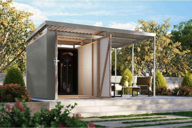 Karibu Holztechnik Metallgerätehaus Boldmere XXL Set mit Anbaudach in Anthrazit, Breite: 2 m - Bild 1