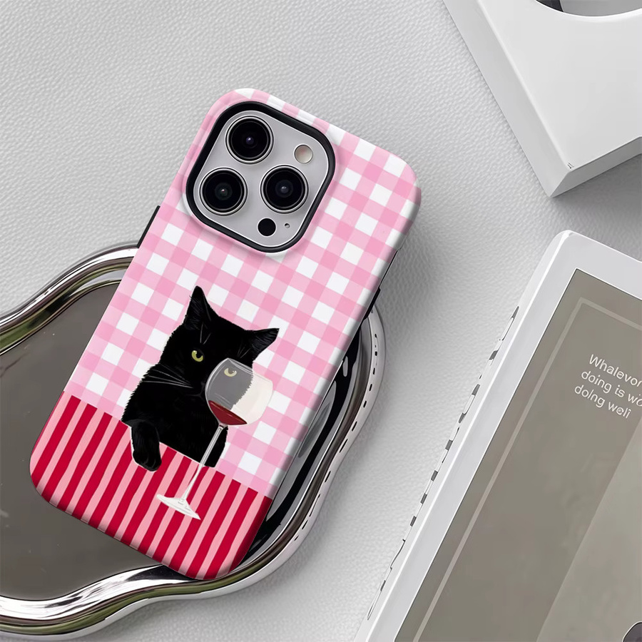 Potdemiel Handyhülle mit Wein- und Katzen-Design für iPhone 17 16 15 14 13 Pro Max Plus in Pink, robuste Magnet-Schutzhülle mit Einzel- und Doppelschicht-Schutz - Bild 4
