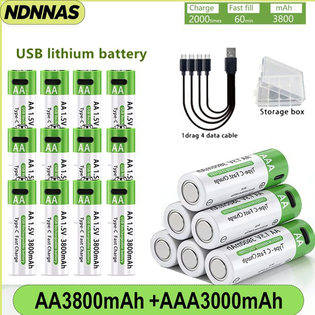NDNNAS Wiederaufladbare Li-Ion Akkus AA 3800mAh und AAA 3000mAh mit USB-C Anschluss und Aufbewahrungsbox in Grün - Bild 1