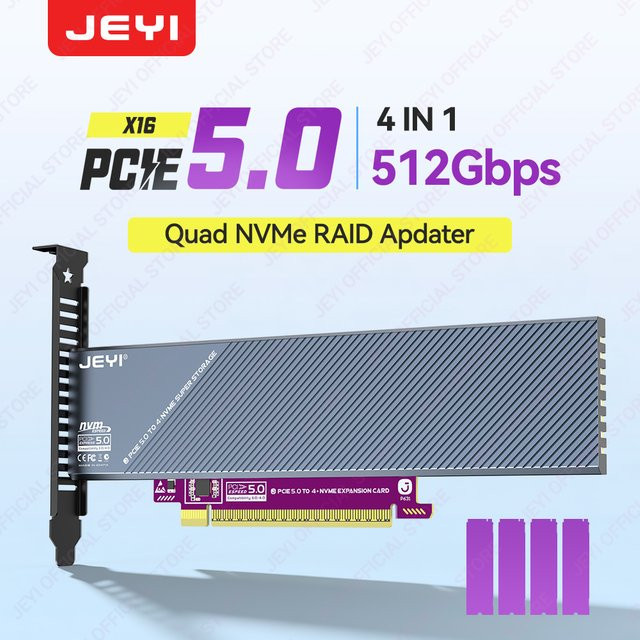 JEYI 4-Bay PCIe 5.0 x16 zu M.2 NVMe Erweiterungskarte mit 512Gbps RAID-Unterstützung und Aluminiumgehäuse - Bild 1