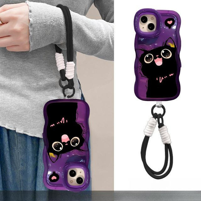 Schlüsselband mit schwarzer Katze für Apple iPhone 16 Pro, 15, 14, 13, 12 und Nische 12 mit transparenter Silikon Handyhülle und Doppelständer - Bild 1