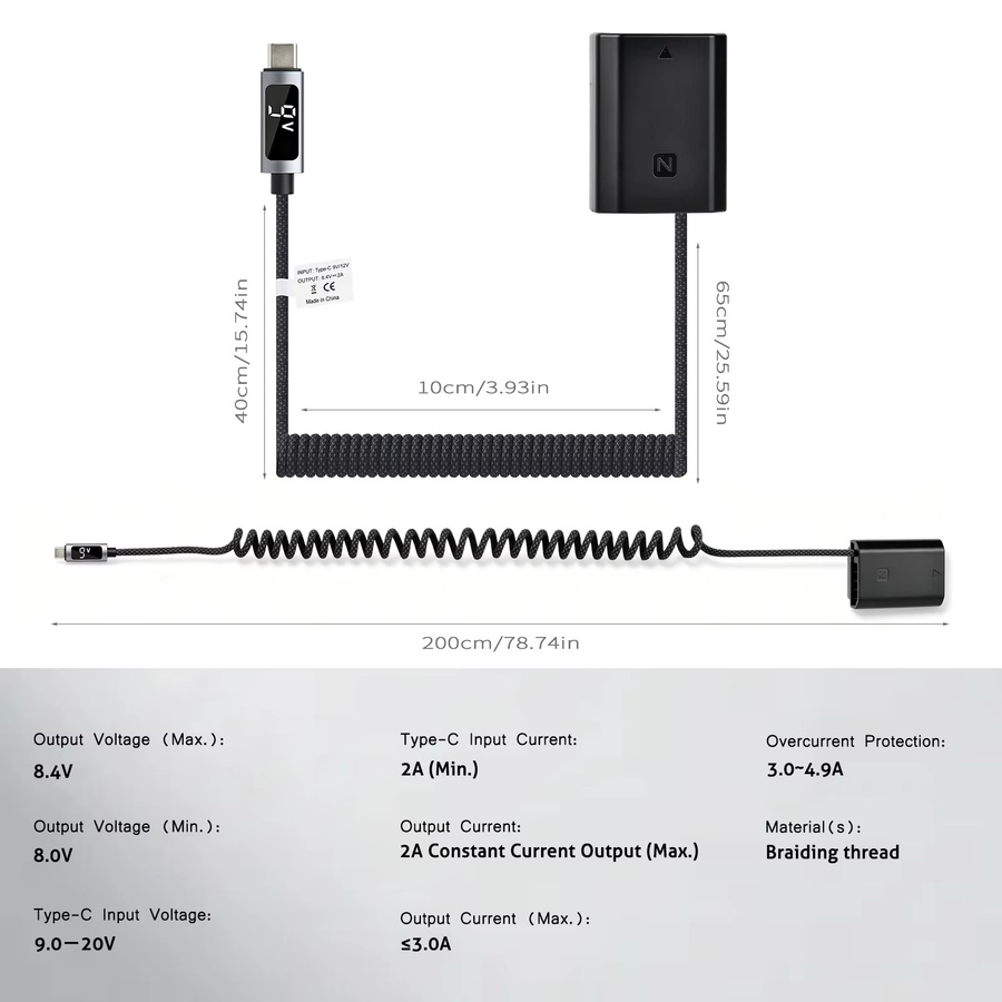 Batmax NP-FZ100 Dummy-Akku mit USB-C PD 9V Anschluss für Sony FX3 FX30 A7III A7IV A7C A7CII A7CR A7RIII A7RIV A7RV A7SIII A6600 in Schwarz - Bild 3