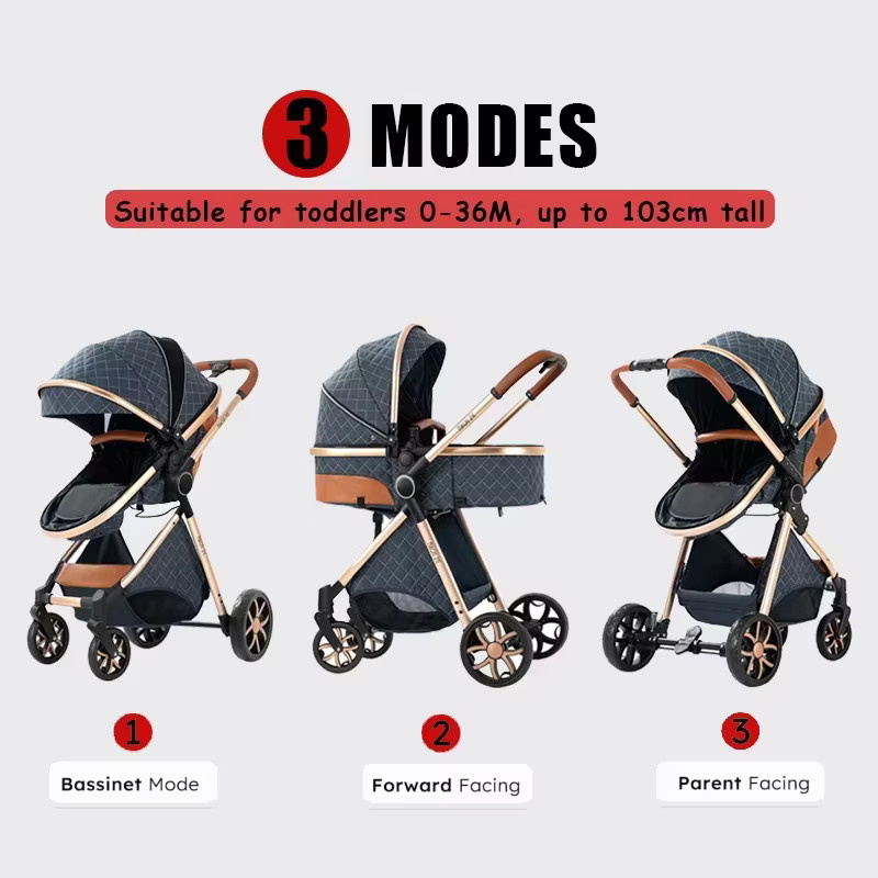 Magic ZC 3-in-1 Luxus-Kinderwagen mit Autositz und Babywanne in Schwarz-Gold, faltbar und stoßdämpfend mit EVA-Rädern - Bild 2