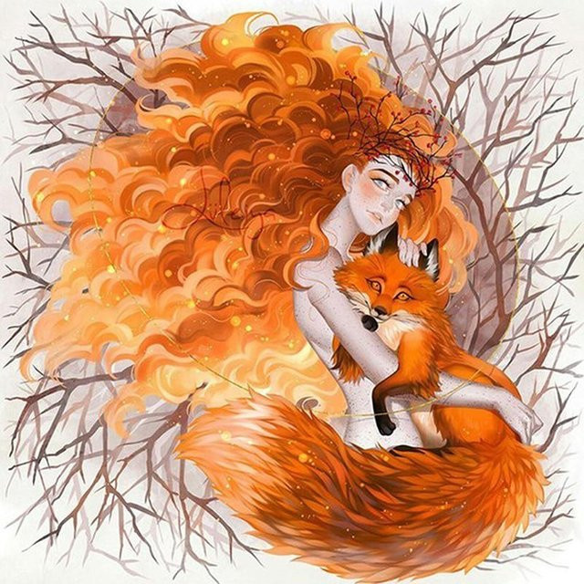 FIYO Diamant-Stickmuster Fuchs-Banshee-Dame als Mosaik-Kreuzstich zur Heimdekoration, Mehrfarbig, Breite: 50 cm, Höhe: 50 cm - Bild 1