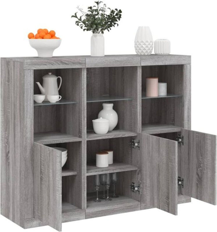 Set aus 3 modernen Sideboards mit LED-Leuchten von Vidaxl in Grau und Sonoma Holzoptik aus Holzwerkstoff und Glas - Bild 1
