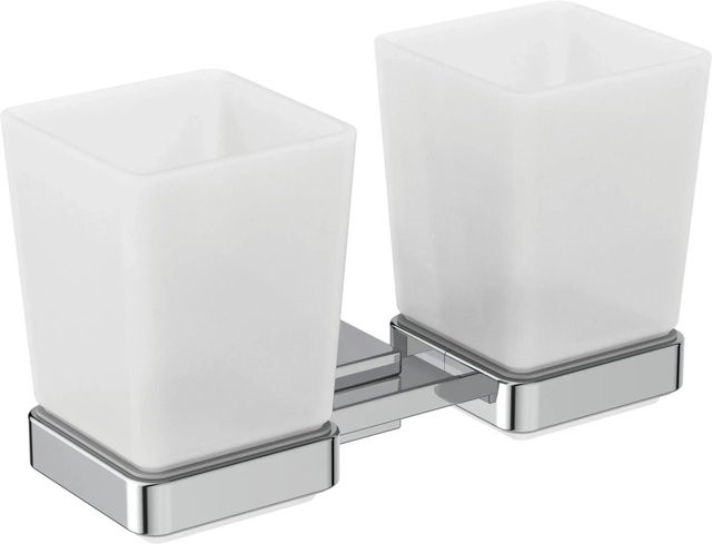 Ideal Standard IOM Cube Wandmontierte Zahnbürstenhalterung mit 2 Mundgläsern aus satiniertem Glas und Chrom in Silber/Weiß - Bild 1