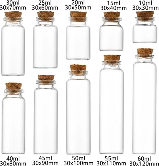 20 Stück leere Klarglas-Wunschflaschen mit Korken in verschiedenen Volumina von 10 ml bis 30 ml, transparente DIY-Bastelfläschchen aus Glas - Bild 1