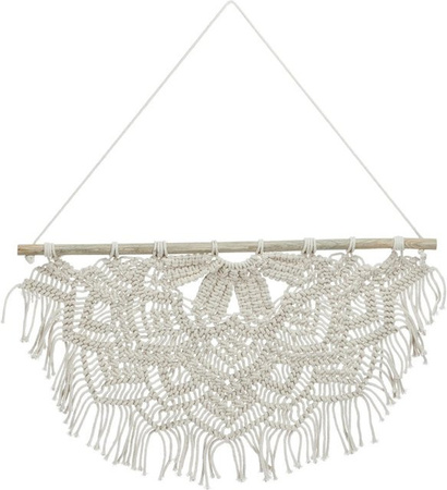 Relaxdays Makramee Wandbehang aus Baumwolle und Kiefernholz in Creme, handgeknüpft im Boho-Stil, B: 65 cm, H: 60,5 cm, T: 1,5 cm