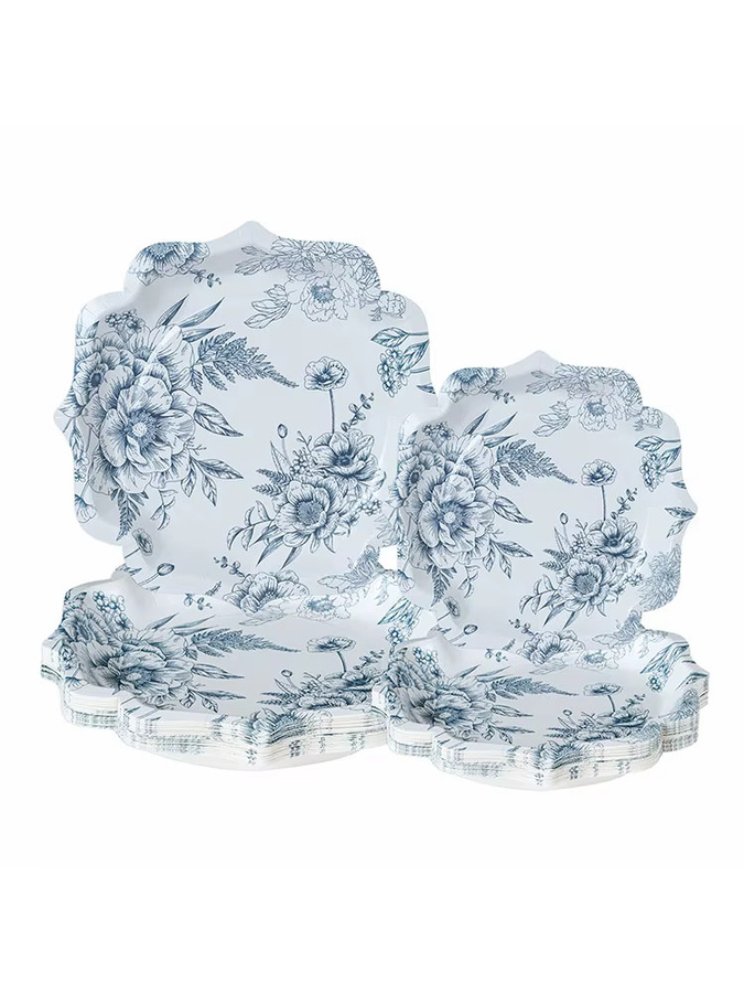 Einweg-Pappteller mit blauem Rosen- und Blumenmuster in Blau und Weiß, Durchmesser: 17,78 cm - Bild 2