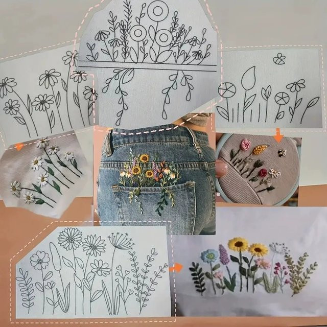 Wasserlösliche Stickerei-Stabilisatoren mit vorgedruckten Blumen- und Blattmustern zum Handnähen und zum Selbermachen - Bild 1