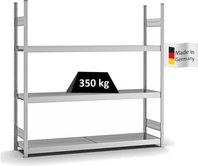 PROREGAL Weitspannregal Stecksystem T-Profil mit 3 Ebenen Stahlplatten, verzinkt, Farbe: Silber, H x B x T: 200 x 200 x 40 cm - Bild 1