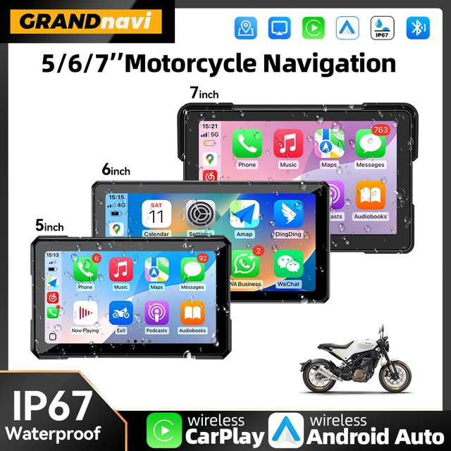 Grandnavi Tragbares Motorrad Display mit Android Auto und Apple CarPlay, Wasserdichter Bluetooth Monitor für Navigation, Schwarz - Bild 1