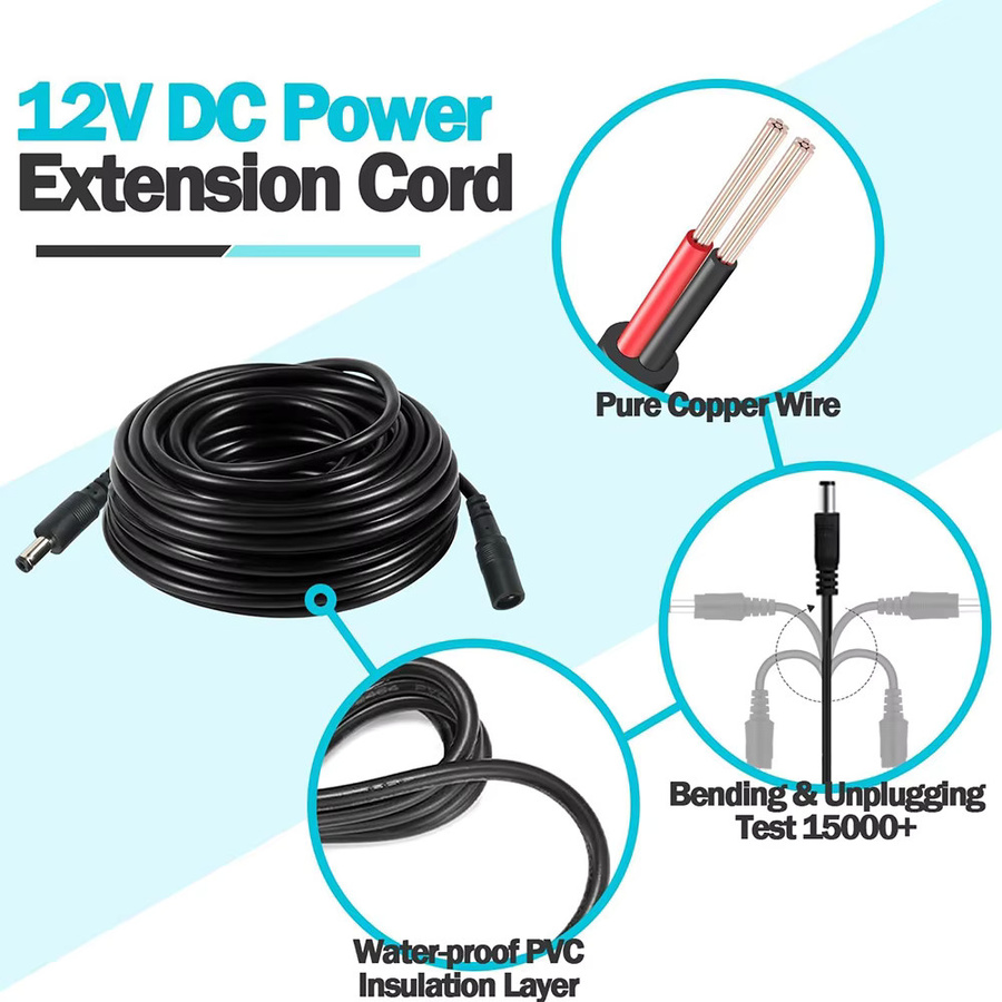 DC-Stromverlängerungskabel mit 5,5 mm x 2,1 mm Stecker für Überwachungsgeräte, Schwarz - Bild 3
