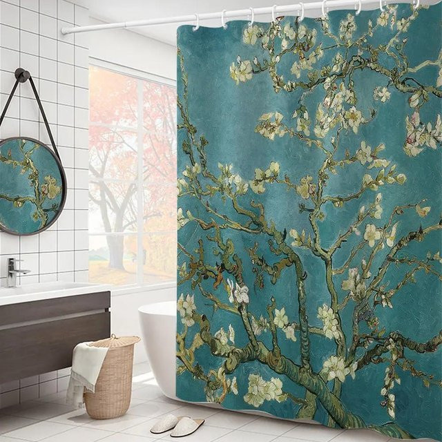 Baifenbai Home Furnishing Duschvorhang Sternennacht Van Gogh Ölgemälde Design in Blau und Weiß, Breite: 90 cm, Höhe: 180 cm - Bild 1