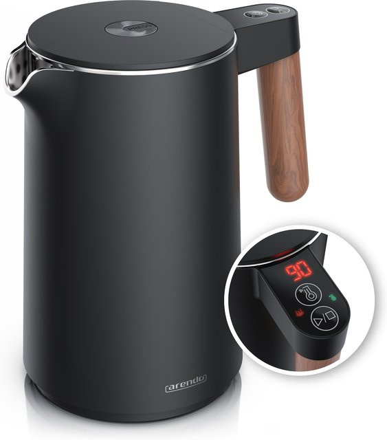 Arendo Wasserkocher Edelstahl mit Holzgriff, Doppelwandig, Temperatureinstellung 40° - 100 °C, 1,5 l, 2200 W, Warmhaltefunktion, BPA-frei, Farben: Silber/Schwarz - Bild 1