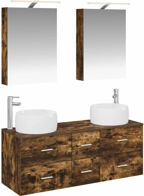 vidaXL Badezimmermöbel-Set aus Eiche in Braun, 5-teiliges Set mit Waschtischunterschrank und Spiegelschrank mit LED-Beleuchtung und Glasfronten - Bild 1