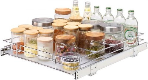 VEVOR Ausziehbares Gewürzregal aus verchromtem Stahl in Silber, Schiebeschublade für Küchenschrank und Spülschrank, B/T/H: 46,0 x 53,3 x 8,5 cm - Bild 1