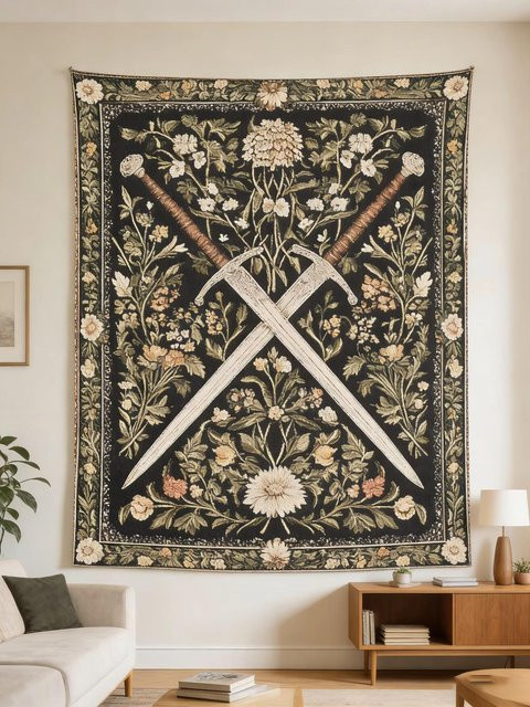 JMG Household Supplies Wandteppich mit mittelalterlichem Schwert und floralem Design in Schwarz, Boho Wandbehang Breite: 120 cm, Höhe: 180 cm - Bild 1