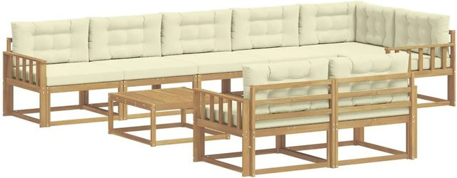 vidaXL Outdoor-Sofagarnitur aus Akazienholz in L-Form, 9-teiliges Set in Weiß und Beige mit Polsterkissen, B/T/H: 79 x 79 x 37 cm - Bild 1