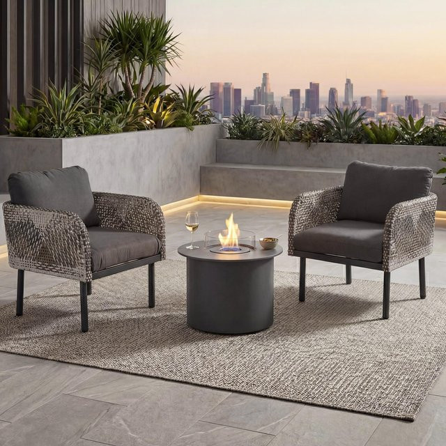 MCW Poly-Rattan Lounge-Set P80 mit Tischkamin in Dunkelgrau - Bild 1