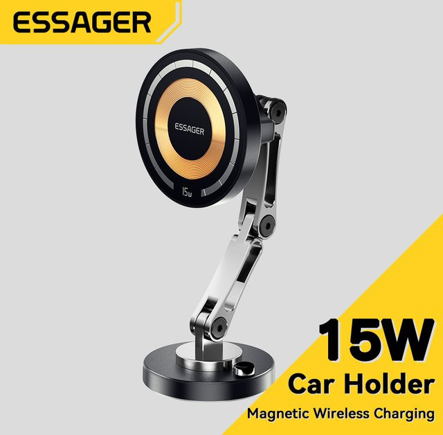 Essager Magnetischer kabelloser Autotelefonhalter 15W, Verstellbares Ladegerät für iPhone und Samsung, Universeller Handyhalter-Ständer in Schwarz - Bild 1