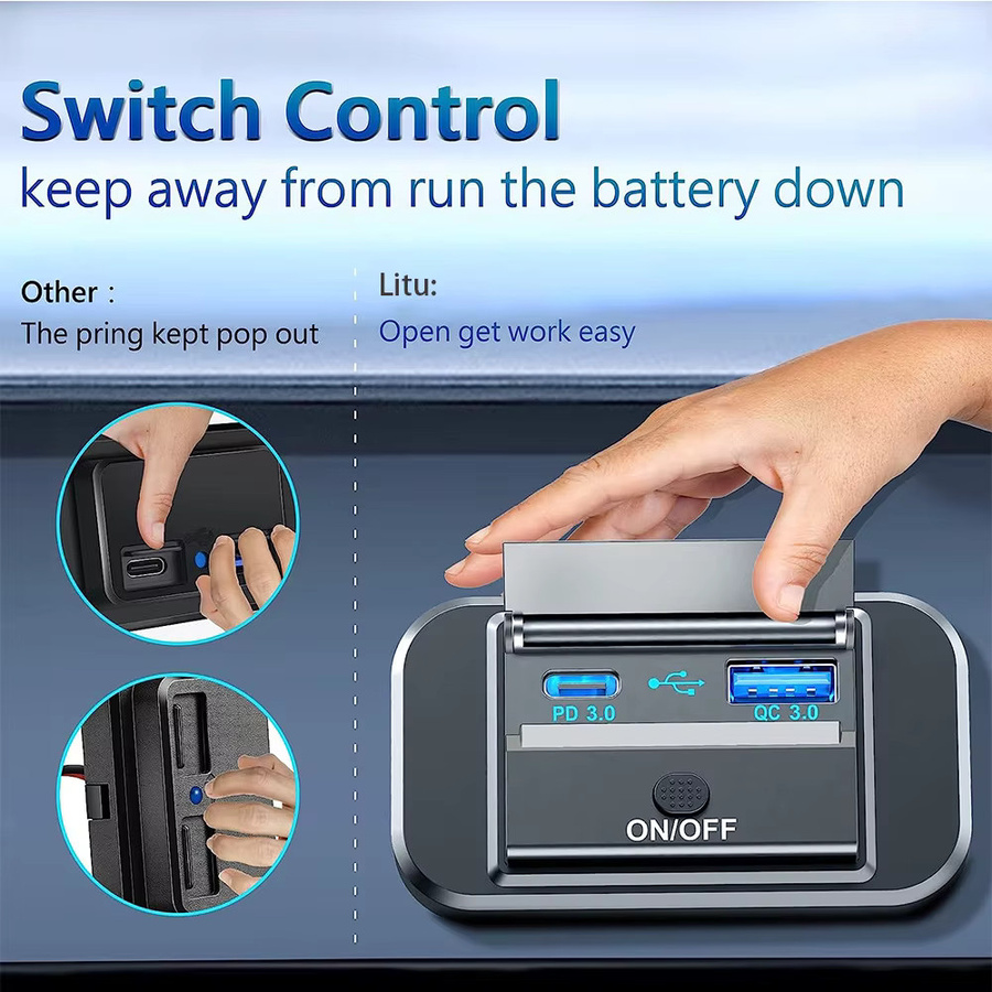 Kebidumei Dual USB PD Typ C Schnellladegerät mit QC3.0 Netzteil und Ein/Aus-Taste für Auto, Boot und RV, Schwarz - Bild 2