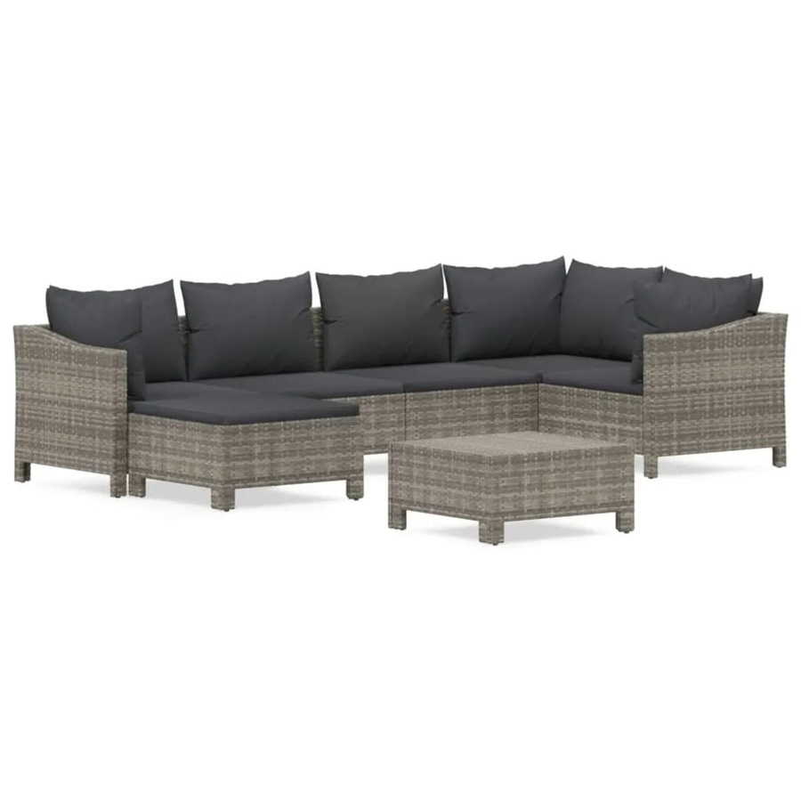 vidaXL 7-tlg. Garten-Lounge-Set in L-Form aus Poly-Rattan und pulverbeschichtetem Stahl mit Kissen in Grau - Bild 2