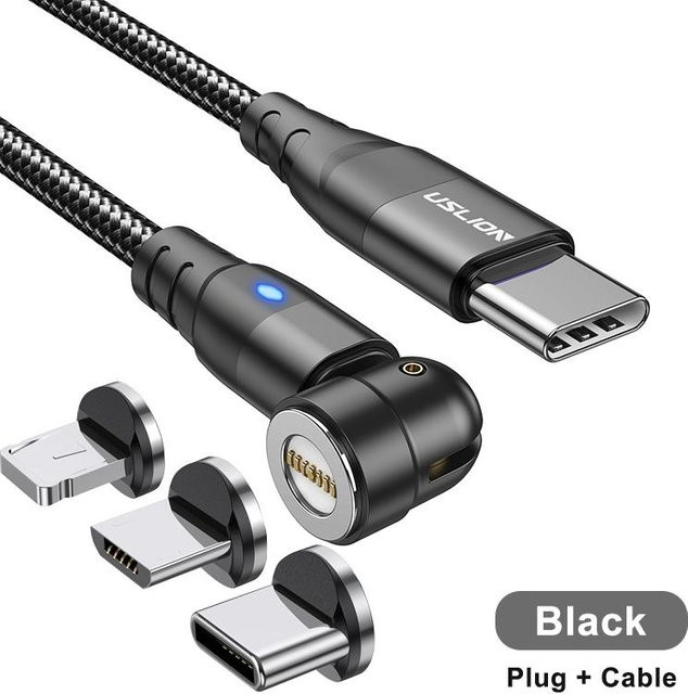 Uslion 3in1 Magnet-Schnellladekabel mit 60W PD Leistung, Typ C auf Typ C, Micro USB und Lightning, LED-Datenladekabel, Länge: 2 m, Schwarz - Bild 1