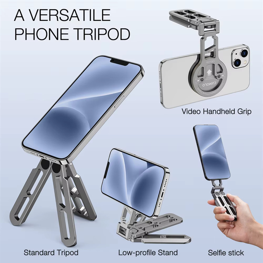 CAMOLO Magnetisches Selfie-Stick-Stativ aus Aluminium mit Arca-Platte und Kaltschuh, faltbare Telefon-Stativhalterung für MagSafe iPhone 15 14 und Samsung - Bild 2