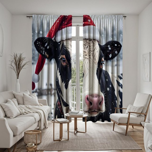 2er-Set dekorative Vorhänge mit Kuh-Motiv und Weihnachtsmannmütze, digital bedruckt, Schwarz/Weiß/Mehrfarbig, B: 132 cm, H: 160 cm - Bild 1