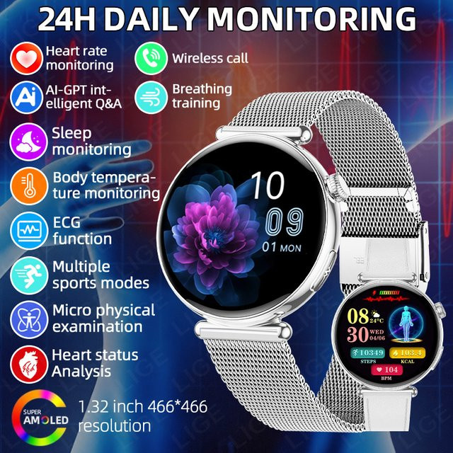 LIGE Smartwatch für Damen in Silber mit AI-Diagnose für Lipidwerte, Harnsäure und Menstruations-Gesundheitstracker sowie Herzfrequenzmessung - Bild 1