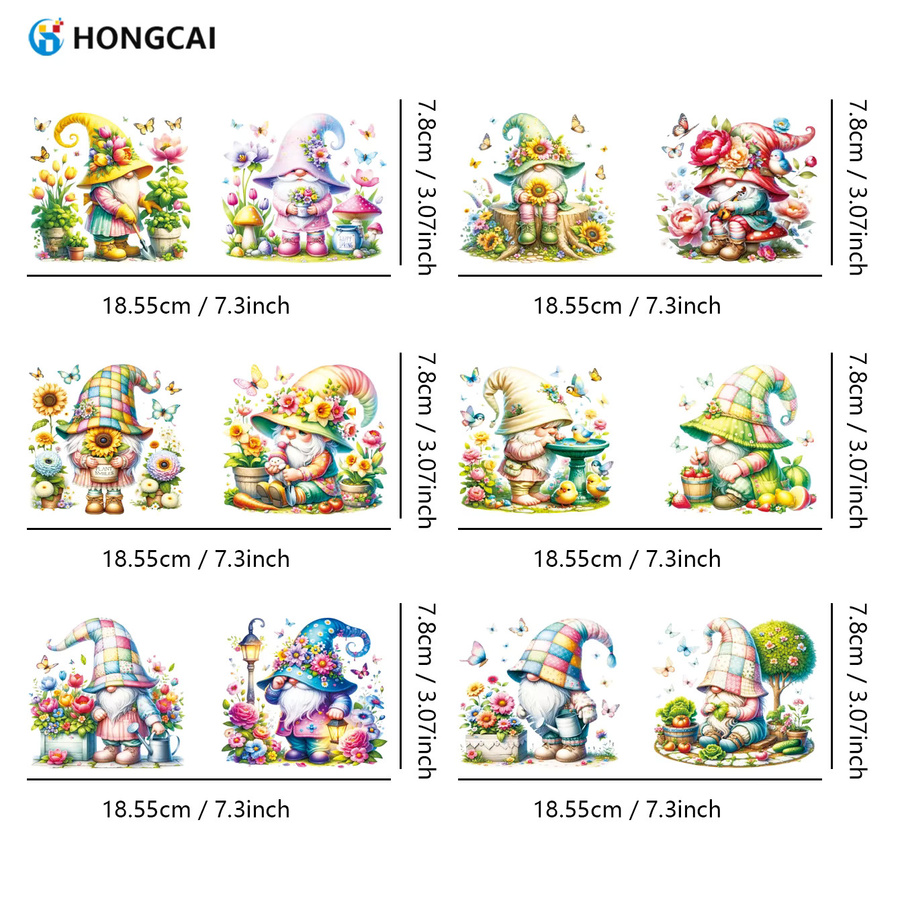 Hongcai 12-teiliges Gartenzwerg-Set aus Keramik mit floralem Design und UV-DTF-Wärmeübertragung in Multicolour für dein DIY-Handwerk - Bild 2