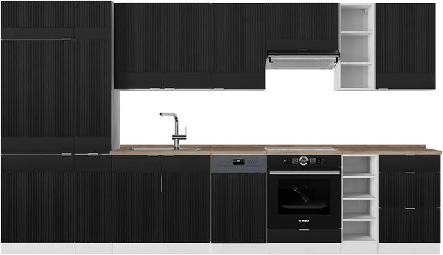 Vicco Fame-Line Küchenzeile in Schwarz gestreift und Weiß mit Eiche-Optik, Breite: 355 cm - Bild 1